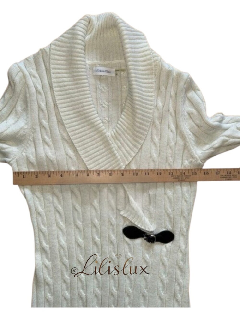 Calvin Klein Size M Ivory Cable Knit Faux Wrap Leather Buckle Sweater Dress EUC - Picture 12 of 16